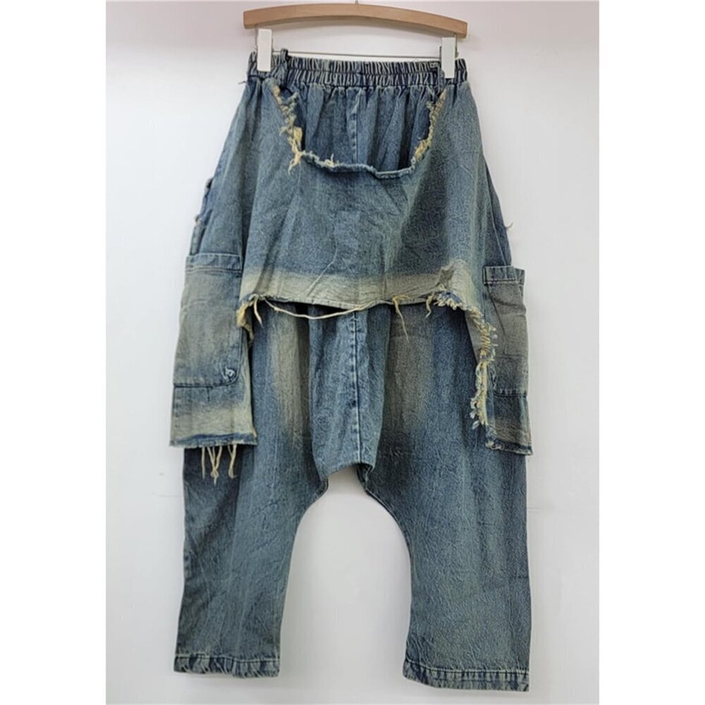 Womens Elastic Waist Wide Leg Cargo Jeans Boho Harem Capris Summer Trendy - Picture 9 of 9